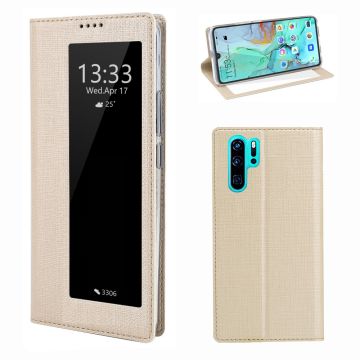 VILI DMX Cross Texture View Window Lederen Flip Telefoon Cover met Card Slot voor Huawei P30 Pro - Goud
