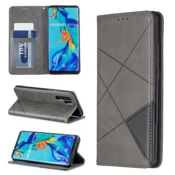 Geometrisch Patroon Leren Stand Telefoonhoesje met Kaarthouder voor Huawei P30 Pro - Grijs