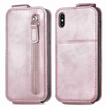 Verticale flip-telefoonhoes met rits voor iPhone Xs / iPhone X - Rose Goud