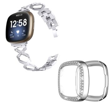 Fitbit Sense / Versa 3 X-vormig met strass gedecoreerd horlogebandje met zilverkleurig klepje - Zilver