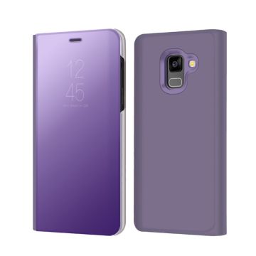 For Samsung Galaxy A8 (2018) Information View Plated Mirror Surface Stand Leather Protective Cover - Purple