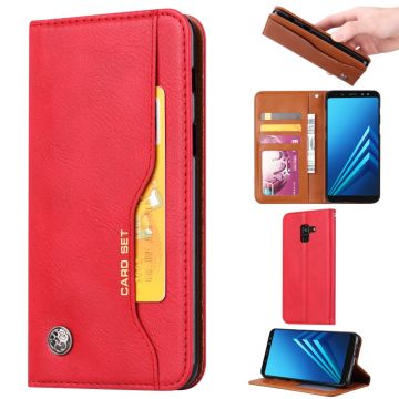 For Samsung Galaxy A8 (2018) PU Leather Wallet Stand Protective Casing Cover - Red