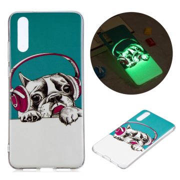 Luminous IMD Patterned Soft TPU Gel Cover for Huawei P20 - Dog Wearing Headphone