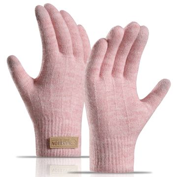 WinterTouch Gebreide Dual Layer Warme Vrouwenhandschoenen met Berenbadge - Roze