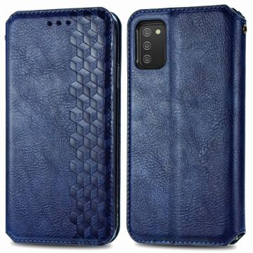 Lederen etui met een stijlvolle ruitvormige opdruk voor Samsung Galaxy A02s - Blauw